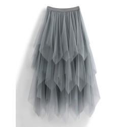 韓國24新款不規則高腰網紗蓬蓬裙中長款裙子黑色紗裙女半身裙春秋