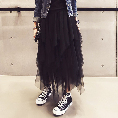 韓國24新款不規則高腰網紗蓬蓬裙中長款裙子黑色紗裙女半身裙春秋