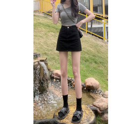 拉夏貝爾黑色高腰牛仔短裙女夏季2025新款a字裙褲包臀辣妹半身裙
