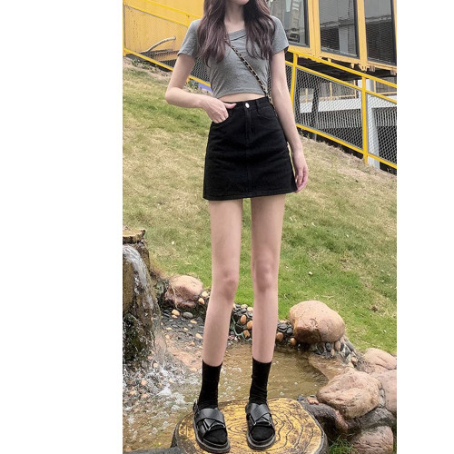 拉夏貝爾黑色高腰牛仔短裙女夏季2025新款a字裙褲包臀辣妹半身裙