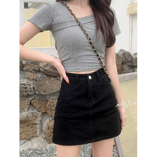 拉夏貝爾黑色高腰牛仔短裙女夏季2025新款a字裙褲包臀辣妹半身裙