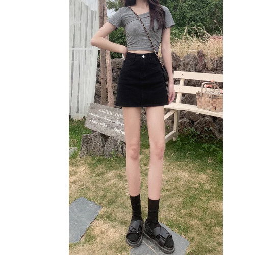 拉夏貝爾黑色高腰牛仔短裙女夏季2025新款a字裙褲包臀辣妹半身裙