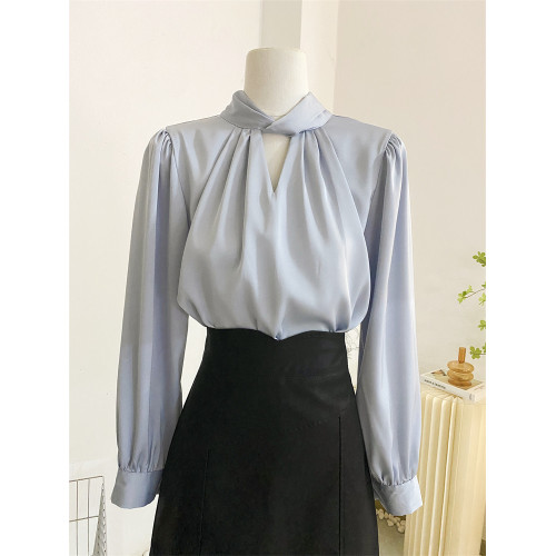 法式高級感緞面襯衫女設計感小衆氣質春秋打底長袖上衣醋酸襯衣藍