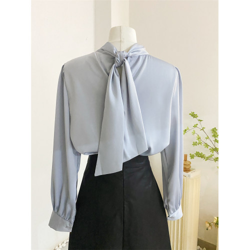 法式高級感緞面襯衫女設計感小衆氣質春秋打底長袖上衣醋酸襯衣藍