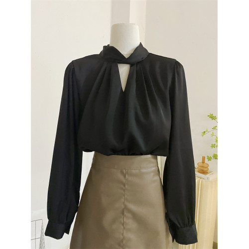 法式高級感緞面襯衫女設計感小衆氣質春秋打底長袖上衣醋酸襯衣藍