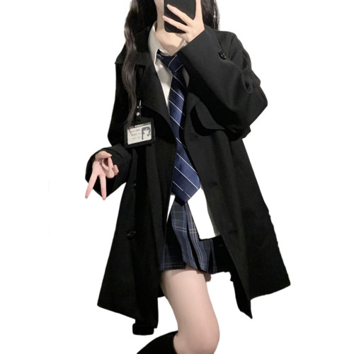 花千豬原創 裕本川風衣 日系jk製服大衣長短款黑色卡其色上衣外套