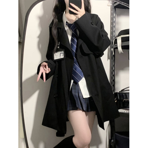 花千豬原創 裕本川風衣 日系jk製服大衣長短款黑色卡其色上衣外套
