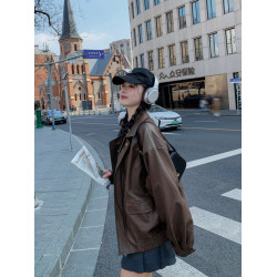 棕色皮衣外套女2025新款小個子超火復古加絨加厚美拉德機車皮夾克