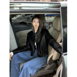 黑色翻領pu皮衣外套女2025秋季新款寬松機車服拉鍊短款夾克上衣女