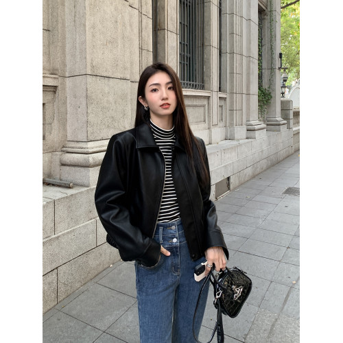 黑色翻領pu皮衣外套女2025秋季新款寬松機車服拉鍊短款夾克上衣女 黑色翻領pu皮衣外套女2025秋季新款寬松機車服拉鍊短款夾克上衣女