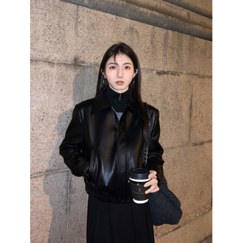 黑色翻領pu皮衣外套女2025秋季新款寬松機車服拉鍊短款夾克上衣女 黑色翻領pu皮衣外套女2025秋季新款寬松機車服拉鍊短款夾克上衣女