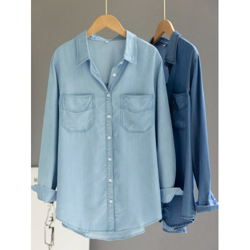 出口高級水洗牛仔襯衫女設計感小衆寬松百搭曡穿襯衣垂感打底