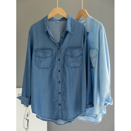 出口高級水洗牛仔襯衫女設計感小衆寬松百搭曡穿襯衣垂感打底