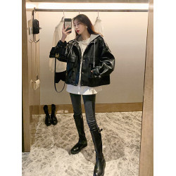 假兩件皮衣外套女2025新款超火酷颯風黑色連帽短款機車服pu皮夾克