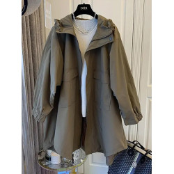 設計師小衆日系寬松休閒茁繭雙口袋拼接連帽中長款風衣外套女春秋