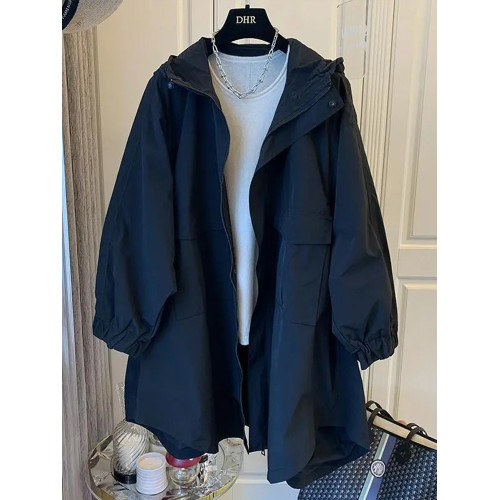 設計師小衆日系寬松休閒茁繭雙口袋拼接連帽中長款風衣外套女春秋 設計師小衆日系寬松休閒茁繭雙口袋拼接連帽中長款風衣外套女春秋