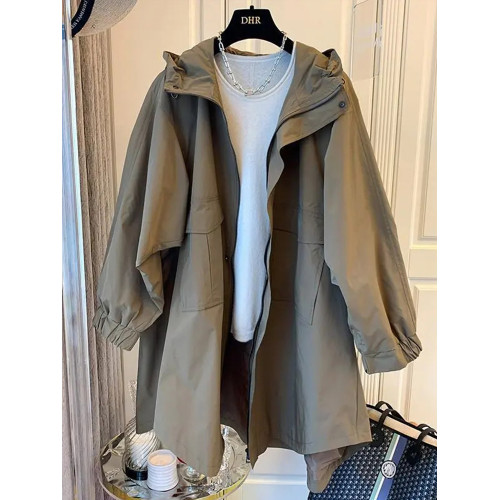 設計師小衆日系寬松休閒茁繭雙口袋拼接連帽中長款風衣外套女春秋 設計師小衆日系寬松休閒茁繭雙口袋拼接連帽中長款風衣外套女春秋