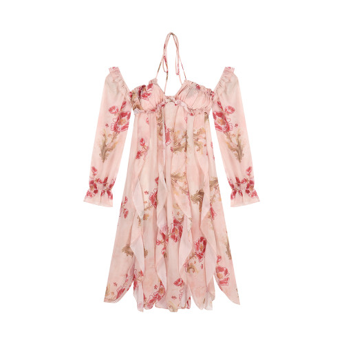 碎花雪紡掛脖連衣裙女夏季海邊度假風長裙不規則露肩絕美a字裙子