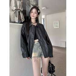 復古美式咖色皮衣夾克外套女冬季黑色皮大衣機車PU皮寬鬆長袖上衣