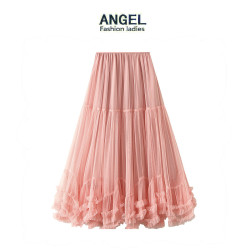 超大擺設計感時尚網紗半身裙甜美木耳花邊a字大擺蓬蓬裙8023