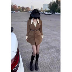 今年流行高級感獨特超好看美拉德小香風咖色假兩件西裝外套女秋裝