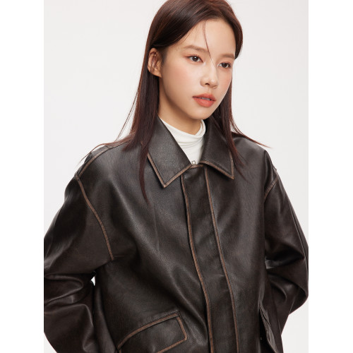 RPB BRAND 秋冬翻領拉鍊機車外套經典百搭短款PU皮夾克皮衣女 RPB BRAND 秋冬翻領拉鍊機車外套經典百搭短款PU皮夾克皮衣女