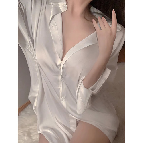 白襯衫女性感睡衣男友風白色襯衣冰絲緞面睡裙落肩白襯衣大碼上衣