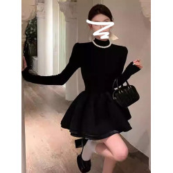 法式小香風長袖連衣裙女黑色赫本風千金小黑裙顯瘦a字短裙蓬蓬裙