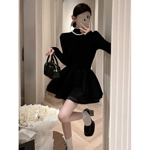 法式小香風長袖連衣裙女黑色赫本風千金小黑裙顯瘦a字短裙蓬蓬裙