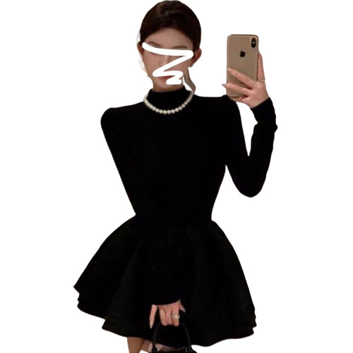 法式小香風長袖連衣裙女黑色赫本風千金小黑裙顯瘦a字短裙蓬蓬裙