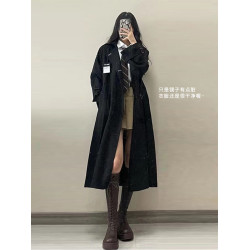 日系黑色風衣外套女2025春秋新款高級感中長款小個子加厚大衣赫本