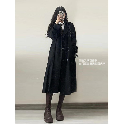 日系黑色風衣外套女2025春秋新款高級感中長款小個子加厚大衣赫本 日系黑色風衣外套女2025春秋新款高級感中長款小個子加厚大衣赫本