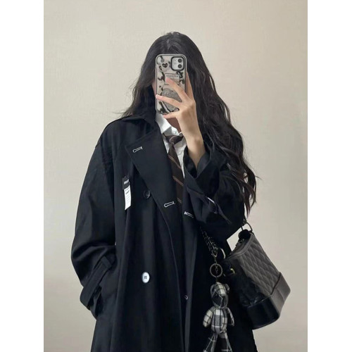 日系黑色風衣外套女2025春秋新款高級感中長款小個子加厚大衣赫本 日系黑色風衣外套女2025春秋新款高級感中長款小個子加厚大衣赫本