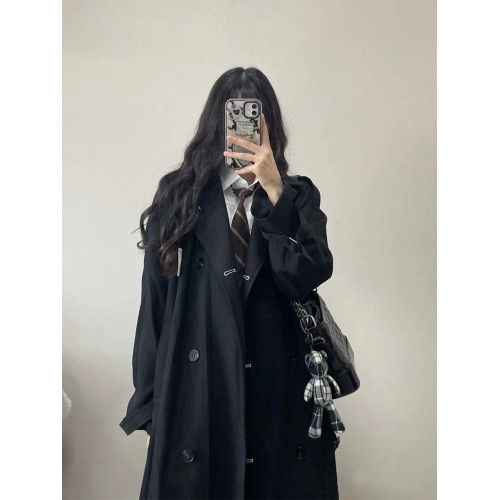 日系黑色風衣外套女2025春秋新款高級感中長款小個子加厚大衣赫本 日系黑色風衣外套女2025春秋新款高級感中長款小個子加厚大衣赫本