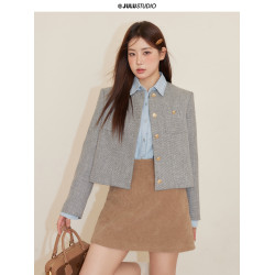 巨鹿工作室“珮斯畫廊”微胖mm無領西裝外套A字半裙牛仔襯衫套裝