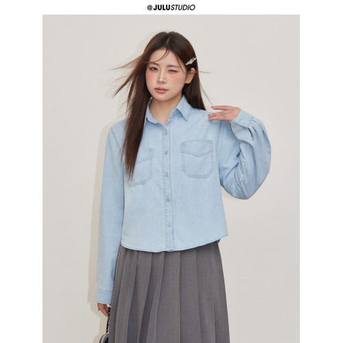 巨鹿工作室“珮斯畫廊”微胖mm無領西裝外套A字半裙牛仔襯衫套裝