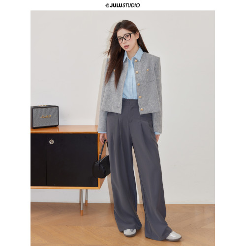 巨鹿工作室“珮斯畫廊”微胖mm無領西裝外套A字半裙牛仔襯衫套裝