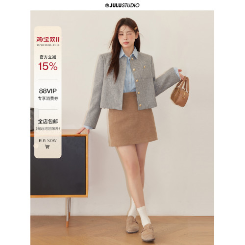 巨鹿工作室“珮斯畫廊”微胖mm無領西裝外套A字半裙牛仔襯衫套裝