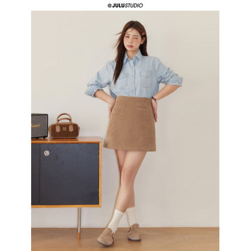 巨鹿工作室“珮斯畫廊”微胖mm無領西裝外套A字半裙牛仔襯衫套裝