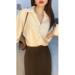 韓系溫柔風淺杏色長袖襯衫女秋季新款法式高級感氣質襯衣打底時尚