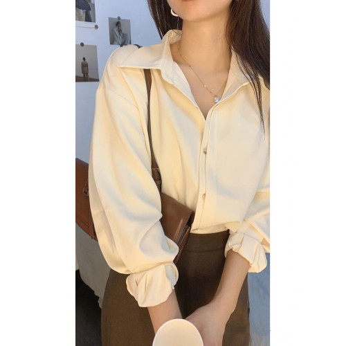 韓系溫柔風淺杏色長袖襯衫女秋季新款法式高級感氣質襯衣打底時尚