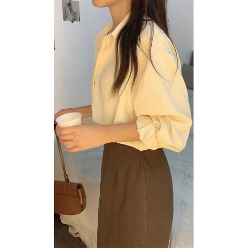 韓系溫柔風淺杏色長袖襯衫女秋季新款法式高級感氣質襯衣打底時尚