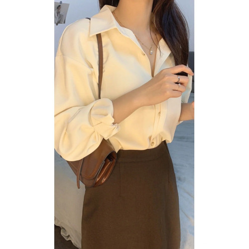 韓系溫柔風淺杏色長袖襯衫女秋季新款法式高級感氣質襯衣打底時尚