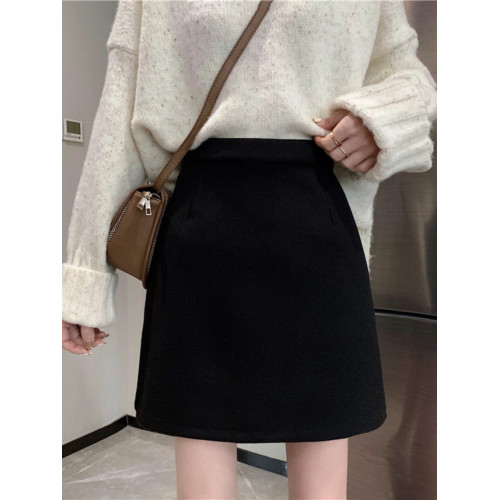 胖MM大碼高腰顯瘦毛呢半身裙女秋冬韓版百搭A字裙小個子黑色短裙