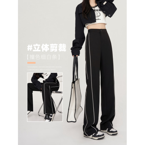 美式運動褲子女春夏秋季2025垂感高腰休閒褲拼接西裝細條紋濶腿褲 美式運動褲子女春夏秋季2025垂感高腰休閒褲拼接西裝細條紋濶腿褲