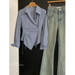 設計感不規則收腰顯瘦條紋長袖襯衫女2025新款春季氣質翻領襯衣潮