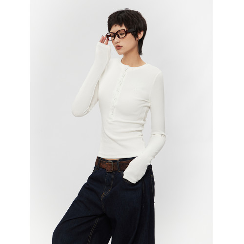 AIRHOOD 2025春秋季內搭長袖打底衫女正肩亨利領紐釦短款修身上衣