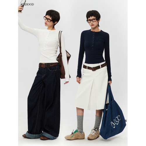 AIRHOOD 2025春秋季內搭長袖打底衫女正肩亨利領紐釦短款修身上衣