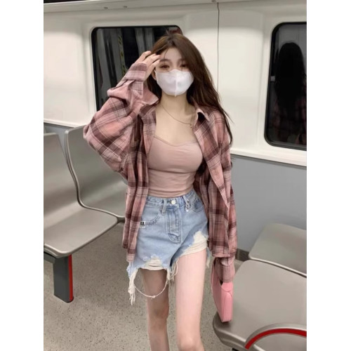 法式粉色格子襯衫女2026早春新款慵懶風小個子美式復古外套上衣