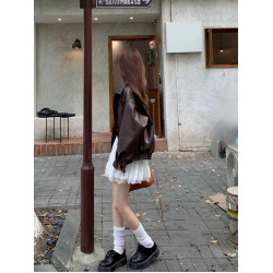 棕色pu皮衣外套女高級感2025秋季新款小個子復古機車夾克服長袖